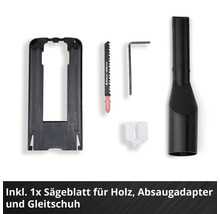 Kit d accessoires pour scies sauteuses avec Einhell Logo sur la lame bois, adaptateur d aspiration, patin de glissement et clé hexagonale.