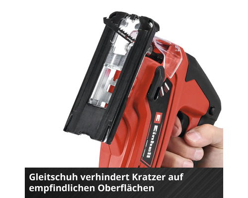 Scie sauteuse sans fil Einhell avec patin de protection pour éviter les rayures sur les surfaces fragiles.