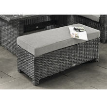 Pouf de jardin gris en résine tressée avec coussin gris clair sur une terrasse.