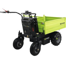 Elektrischer Motordumper Zipper mit vier luftbereiften Rädern und einer grünen Kippmulde.