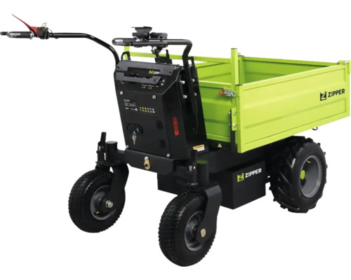Elektrischer Motordumper Zipper mit vier luftbereiften Rädern und einer grünen Kippmulde.