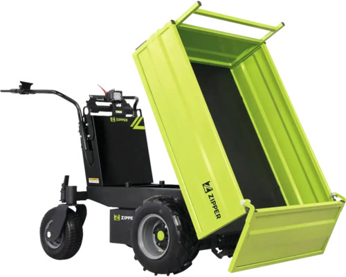 Grüner elektrischer Minidumper von Zipper mit hochgeklappter Lademulde und drei Rädern.