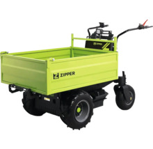 Zipper Elektro-Dumper mit großer Ladefläche und drei geländegängigen Reifen für den Transport von Schüttgut und Baumaterialien.