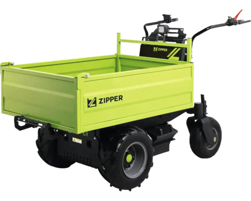 Zipper Elektro-Dumper mit großer Ladefläche und drei geländegängigen Reifen für den Transport von Schüttgut und Baumaterialien.
