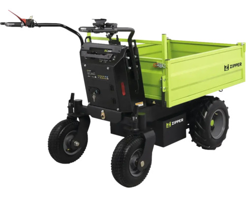 Zipper Elektro-Minidumper mit vier Rädern, einer Metallmulde und einem Steuergriff.
