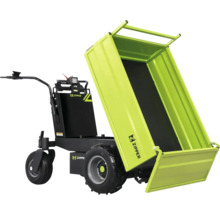 Zipper Elektro-Dumper mit grüner kippbarer Mulde, großen Geländereifen und Führungsgriff.