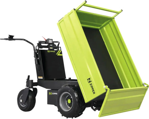 Zipper Elektro-Dumper mit grüner kippbarer Mulde, großen Geländereifen und Führungsgriff.