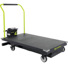 Chariot à plateforme électrique Zipper avec surface de chargement noire et arceau de poussée vert citron.