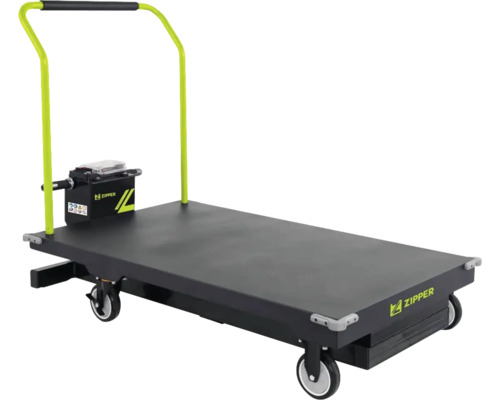Chariot à plateforme électrique Zipper avec surface de chargement noire et arceau de poussée vert citron.