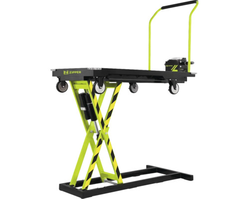 Table élévatrice à ciseaux Zipper en jaune et noir avec roulettes et poignée de poussée.