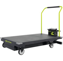 Chariot plateforme électrique Zipper jaune et noir avec grande surface de chargement et poignée pour le transport de charges lourdes.