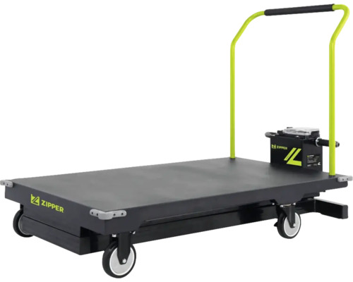 Chariot plateforme électrique Zipper jaune et noir avec grande surface de chargement et poignée pour le transport de charges lourdes.