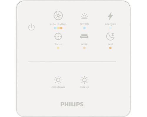 Philips Bedienelement für intelligente Beleuchtung mit Symbolen für Lichtsteuerung, Philips Logo, Szenenwahl und Dimmfunktionen.