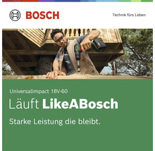 Bosch Logo. Homme utilisant une perceuse-visseuse à percussion sans fil UniversalImpact 18 Volt 60 sur une structure en bois clair à l'extérieur.