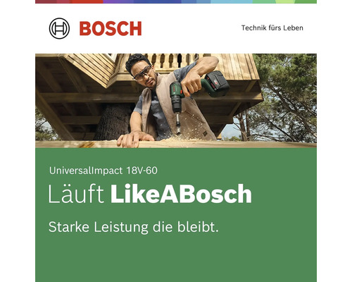 Bosch Logo. Homme utilisant une perceuse-visseuse à percussion sans fil UniversalImpact 18 Volt 60 sur une structure en bois clair à l'extérieur.
