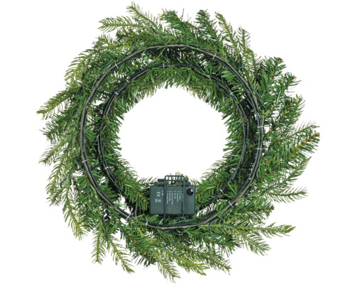 Künstlicher Weihnachtskranz, Rückseite mit Drahtgestell und Batteriefach.