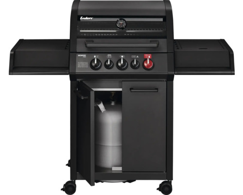 Barbecue à gaz Enders Monroe Pro avec hublot, thermomètre, cinq boutons de réglage et armoire de base pour bouteille de gaz.