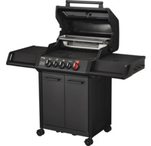 Barbecue à gaz Enders Monroe Pro avec couvercle ouvert, tablettes latérales et armoire basse, noir.