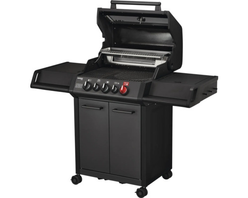 Barbecue à gaz Enders Monroe Pro avec couvercle ouvert, tablettes latérales et armoire basse, noir.