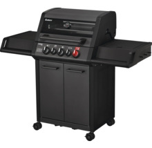 Barbecue à gaz Enders Monroe Pro noir avec fenêtre, thermomètre, quatre brûleurs, tablettes latérales et meuble sur roulettes.