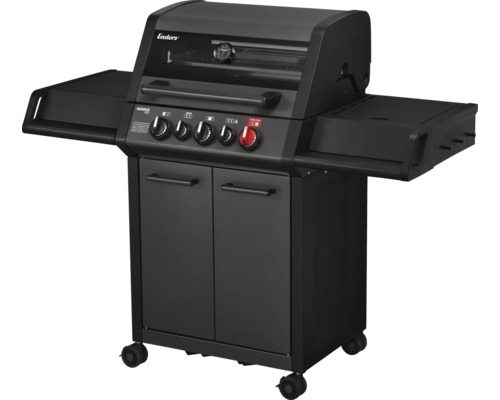 Barbecue à gaz Enders Monroe Pro noir avec fenêtre, thermomètre, quatre brûleurs, tablettes latérales et meuble sur roulettes.