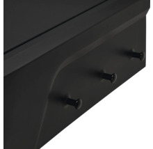 Vue détaillée de crochets noirs sur un meuble mat.