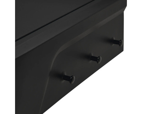 Vue détaillée de crochets noirs sur un meuble mat.