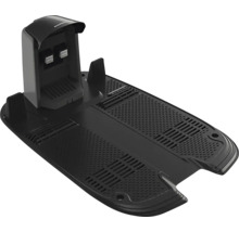 Station de charge pour robot tondeuse en plastique noir avec plaque de base texturée et contacts de charge.