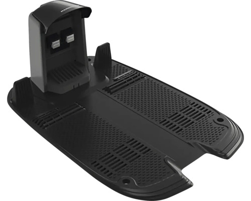Station de charge pour robot tondeuse en plastique noir avec plaque de base texturée et contacts de charge.