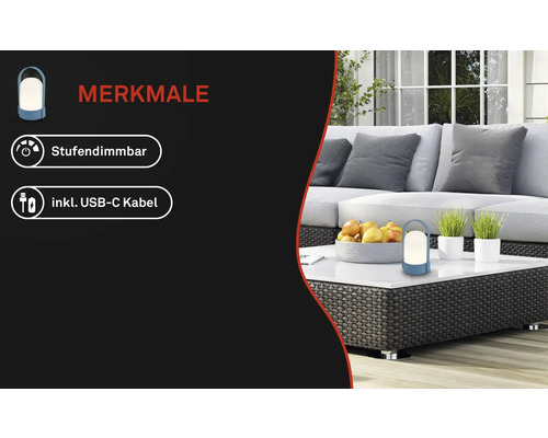 Lampe de table à LED portable sur une table de jardin, réglable par paliers, câble USB-C inclus.