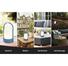 Collage d'une lampe d'extérieur portable sur une table, un balcon, une table de jardin et suspendue dans un salon de jardin accueillant.