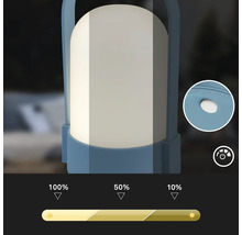 Lanterne d'extérieur portable avec variateur à trois niveaux : 100 pour cent, 50 pour cent et 10 pour cent de luminosité.