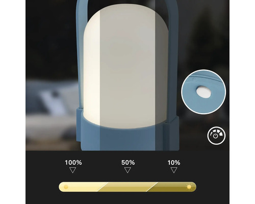 Lanterne d'extérieur portable avec variateur à trois niveaux : 100 pour cent, 50 pour cent et 10 pour cent de luminosité.