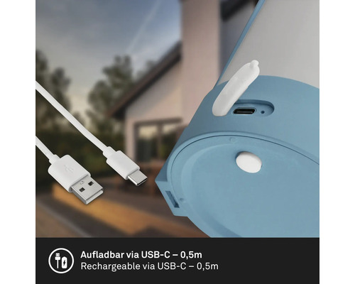 Vue détaillée d un produit avec connexion USB-C et un câble de charge USB de 0,5 mètre de long.