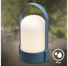 Lampe LED d'extérieur portable bleue avec poignée et corps lumineux blanc, protégée contre les projections d'eau IP44.