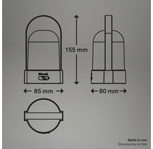 Dessin technique d une lampe portable avec dimensions : hauteur 155 millimètres, largeur 85 millimètres et profondeur 80 millimètres.
