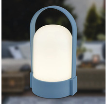 Lampe extérieure LED portable bleue avec abat-jour blanc arrondi et poignée de transport.