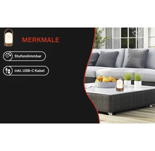 Lampe d extérieur LED portable sur une table de salon avec fonctions intensité variable et câble USB-C inclus.