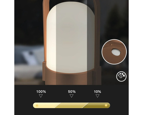 Lampe LED portable avec trois niveaux d intensite a 100 pour cent, 50 pour cent et 10 pour cent de luminosite et vue detaillee du bouton.