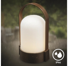 Lampe d'extérieur portable avec poignée en arc et diffuseur mat, protégée contre les projections d'eau selon l'indice de protection IP44.