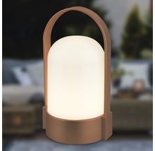 Lampe extérieure LED portable avec poignée, cylindre blanc chaud avec dessus arrondi et boîtier de couleur bronze.