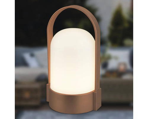 Lampe extérieure LED portable avec poignée, cylindre blanc chaud avec dessus arrondi et boîtier de couleur bronze.