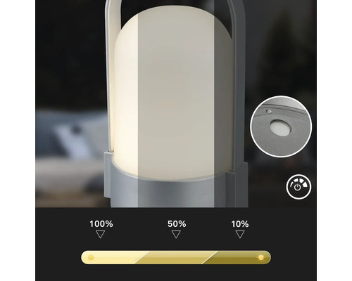 Lampe d'extérieur à LED portable avec variateur à trois niveaux pour une luminosité de cent pour cent, cinquante pour cent et dix pour cent.