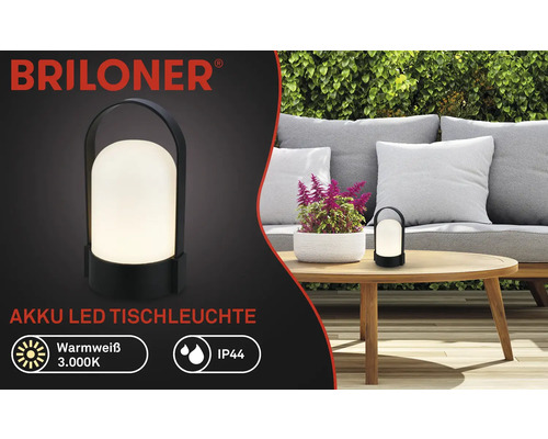 Briloner Logo, lampe de table LED sans fil noire sur une table de jardin en bois, lumière blanc chaud 3.000 Kelvin, protection IP44.