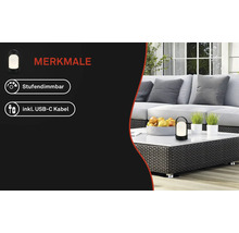 Lampe LED à intensité variable avec câble USB-C inclus sur une table de jardin en rotin avec fruits et plantes devant un salon clair.