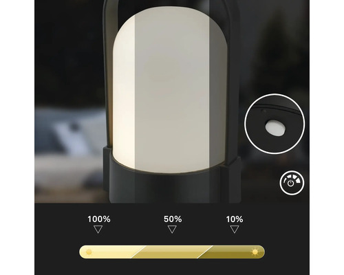 Lampe LED portable avec fonction de gradation de l'intensité à 100 pour cent, 50 pour cent et 10 pour cent.