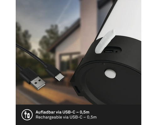 Lampe rechargeable avec port USB-C et câble de 0,5 mètre inclus.