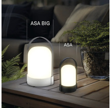 Deux lampes de table à LED portables ASA BIG et ASA de tailles différentes sur une table en bois à l'extérieur avec des plantes et des coussins.