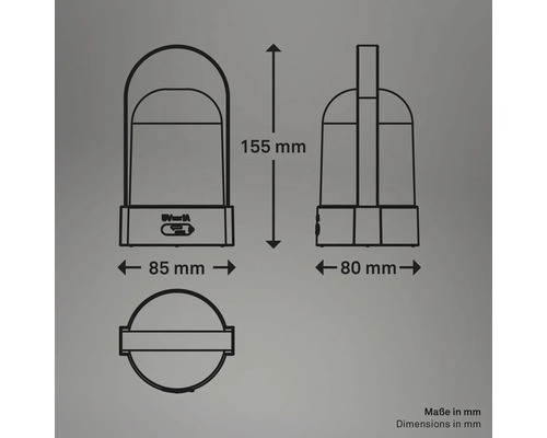 Dessin technique d une lampe portable avec dimensions : hauteur 155 millimètres, largeur 85 millimètres et profondeur 80 millimètres.