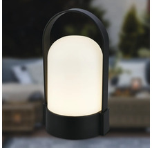 Lampe d'extérieur portable moderne avec boîtier noir, poignée et lumière blanc chaud.